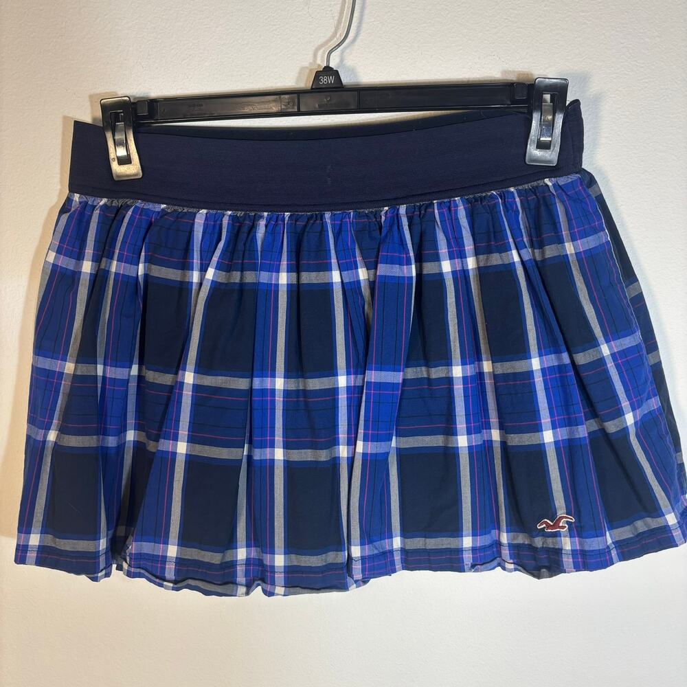 Hollister Womens L Blue Plaid Pleated Mini Skirt Skort Y2K Preppy Logo